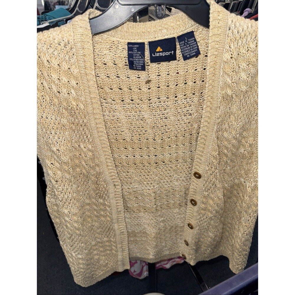 Vtg Preppy  Light Cable Knit Fisherman Button Front Vest Grandpa Pockets Tan Lg